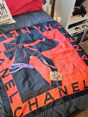 CHANEL Red And Black Silk Scarf Unisex